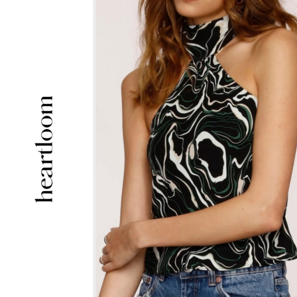 Heartloom Riley Black Green Marbled Chiffon Sleeveless High Neck Blouse Top